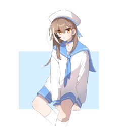 Rule 34 | 1girl, absurdres, alternate costume, blue neckerchief, blue sailor collar, blue shorts, brown eyes, brown hair, feet out of frame, hat, highres, hololive, hololive english, long hair, looking at viewer, multicolored hair, nanashi mumei, neckerchief, parted lips, sailor collar, sailor hat, sailor shirt, shirt, shorts, simple background, sitting, socks, streaked hair, virtual youtuber, white socks, xx tk9