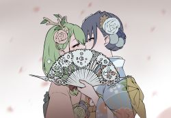 Rule 34 | 2girls, antlers, blue eyes, blue hair, ceres fauna, ceres fauna (new year), fake antlers, floral print, flower, green hair, hair flower, hair ornament, highres, hikigaya 0926, hololive, hololive english, horns, japanese clothes, kimono, kiss, multiple girls, ouro kronii, ouro kronii (new year), pink kimono, sash, virtual youtuber, white kimono, yellow eyes, yuri