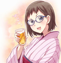 Rule 34 | &gt;:d, 10s, 1girl, :d, alcohol, beer, blue eyes, blush, brown hair, cup, drinking glass, e20, glasses, iguchi yumi, japanese clothes, kimono, open mouth, outline, shirobako, short hair, simple background, smile, v-shaped eyebrows, white outline