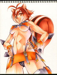 Rule 34 | 1girl, :3, ahoge, animal ears, antenna hair, arc system works, blazblue, blazblue: continuum shift, breasts, brown eyes, brown hair, calnarsa, makoto nanaya, md5 mismatch, miniskirt, navel, orange skirt, revealing clothes, short hair, skirt, solo, spikes, squirrel ears, squirrel tail, tail, thighhighs, tonfa, traditional media, underboob, weapon
