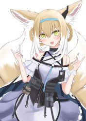 Rule 34 | 1girl, :d, absurdres, alice gear, ammunition pouch, animal ear fluff, animal ears, aqua hairband, arknights, artist request, bad id, bad pixiv id, badge, blonde hair, blue hairband, blush, cloak, double fox shadow puppet, dress, earpiece, fox ears, fox girl, fox shadow puppet, fox tail, frilled dress, frills, green eyes, hair between eyes, hair rings, hairband, highres, infection monitor (arknights), load bearing equipment, looking at viewer, multicolored hair, multiple tails, off shoulder, open mouth, pouch, sidelocks, single wrist cuff, smile, solo, suzuran (arknights), tactical clothes, tail, white background, white hair, wrist cuffs