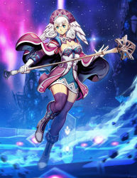 Rule 34 | 1girl, blue eyes, boots, breasts, cape, dress, genzoman, gloves, hat, head wings, high heel boots, high heels, holding, holding staff, medium breasts, melia antiqua, night, night sky, nintendo, outdoors, short dress, silver hair, sky, solo, staff, star (sky), starry sky, thighhighs, white gloves, wings, xenoblade chronicles (series), xenoblade chronicles 1