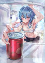 Rule 34 | 1girl, areola slip, armpits, bare shoulders, blue eyes, blue hair, blue nails, blurry, blurry background, blush, breasts, can, collarbone, crop top, drink can, feet out of frame, foreshortening, hair between eyes, highres, hololive, hololive dance practice uniform, hoshimachi suisei, indoors, jagoo, leaning forward, long hair, looking at viewer, midriff, nail polish, navel, official alternate costume, open mouth, paid reward available, parted lips, see-through, see-through shirt, short shorts, shorts, sidelocks, sleeveless, small breasts, soda can, solo, steaming body, strap slip, sweatdrop, virtual youtuber