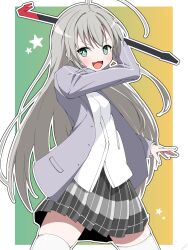 1girl :3 :d ahoge black_skirt blush border bright_pupils commentary cowboy_shot crowbar fang fighting_stance green_background green_eyes grey_hair grey_jacket hair_between_eyes haiyore!_nyaruko-san hand_up highres holding holding_crowbar huge_ahoge jacket komemimi_0523 long_hair long_sleeves looking_at_viewer miniskirt nyarlathotep_(nyaruko-san) open_clothes open_jacket open_mouth outside_border pleated_skirt school_uniform shirt simple_background skirt smile solo straight_hair thighhighs two-tone_background v-shaped_eyebrows very_long_hair white_border white_pupils white_shirt white_thighhighs yellow_background zettai_ryouiki