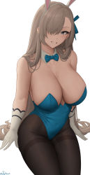 Rule 34 | 1girl, absurdres, animal ears, asuna (blue archive), asuna (bunny) (blue archive), bare shoulders, blue archive, blue leotard, blush, bow, bowtie, breasts, cleavage, fake animal ears, gloves, grin, hair over one eye, highres, large breasts, leotard, light brown hair, long hair, looking at viewer, mole, mole on breast, pantyhose, playboy bunny, smile, solo, strapless, strapless leotard, thighs, traditional bowtie, white gloves, zaphn