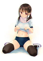 Rule 34 | 1girl, blue buruma, breasts, brown hair, brown thighhighs, buruma, clothes lift, commentary, fringe trim, full body, hair bobbles, hair ornament, hands up, koutaro, lifting own clothes, looking at viewer, low twintails, medium breasts, navel, original, pink scarf, red eyes, scarf, shirt, shirt lift, shoes, short sleeves, sitting, solo, thighhighs, twintails, twitter username, uwabaki, wariza, white background, white footwear, white shirt