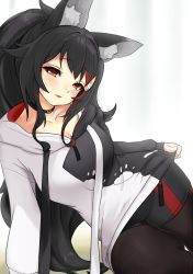 Rule 34 | 1girl, animal ear fluff, animal ears, black choker, black hair, black hoodie, black pantyhose, black shorts, blush, breasts, choker, commentary, hair ornament, highres, hololive, hood, hoodie, long hair, long sleeves, looking at viewer, medium breasts, multicolored hair, ookami mio, ookami mio (casual), pantyhose, parted lips, paw print, paw print pattern, ponytail, red eyes, red hair, short shorts, shorts, sitting, smile, solo, streaked hair, two-tone hair, two-tone sweater, virtual youtuber, white hoodie, wolf ears, xiaodong327399