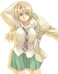 Rule 34 | 1girl, arm up, blazer, blouse, braid, breasts, brown eyes, closed mouth, collarbone, collared shirt, contrapposto, cowboy shot, dressing, frown, ga geijutsuka art design class, green skirt, hair between eyes, hair tie, jacket, kaitou reiko, large breasts, light brown hair, long hair, long sleeves, looking at viewer, loose necktie, necktie, original, oteruko (wanabeee), outstretched arm, pleated skirt, purple necktie, shirt, silhouette, simple background, single braid, skirt, solo, standing, striped necktie, striped neckwear, white background