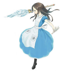 Rule 34 | 1girl, alice (alice in wonderland), alice in wonderland, alice liddell (american mcgee&#039;s alice), american mcgee&#039;s alice, bad id, bad pixiv id, boots, brown hair, dress, frills, ice, midriff, nababa, simple background, solo, staff, standing