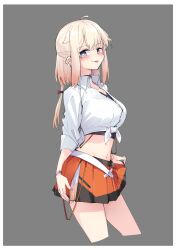 Rule 34 | 1girl, blue eyes, bracelet, bright pupils, cevio, clothes lift, highres, jewelry, long hair, midriff, navel, one (cevio), pleated skirt, shirt, skirt, skirt lift, solo, stomach, tied shirt, tongue, tongue out, white pupils, white shirt, zooanime