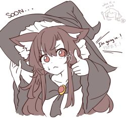 Rule 34 | 2girls, black hat, brooch, brown hair, english text, hat, highres, imaizumi kagerou, jewelry, long hair, multiple girls, red eyes, solo, touhou, upper body, white background, witch hat, wolf girl, wool (miwol)