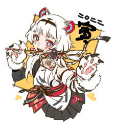 Rule 34 | 1girl, animal ears, animal hands, arrow (projectile), black skirt, chinese zodiac, claw pose, cropped torso, detached sleeves, ema, facepaint, facial mark, fangs, hamaya, highres, long hair, looking at viewer, obi, open mouth, original, pleated skirt, sash, short eyebrows, skirt, solo, tekki (tki), tiger ears, tiger paws, upper body, whisker markings, white hair, year of the tiger