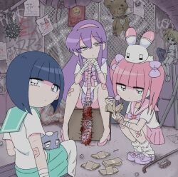 Rule 34 | 3girls, :o, animal, animal on head, animal on lap, ball and chain (weapon), bandaged arm, bandaged wrist, bandages, bandaid, bandaid on knee, bandaid on leg, black eyes, blue hair, blunt bangs, bow, box, brass knuckles, cat, chain-link fence, closed mouth, club, club (weapon), crocs, crowbar, crystal, delinquent, doll, expressionless, ezaki bisuko, fence, gauze on arm, gauze on knee, graffiti, green sailor collar, green skirt, hair between eyes, hair bow, hairband, heart, hexagram, high heels, highres, holding club, injury, jewelry, lead pipe, long hair, looking at viewer, menhera-chan (ezaki bisuko), menhera-chan (ezaki bisuko) (character), money, multiple girls, necklace, on head, on lap, paper, pink bow, pink footwear, pink hair, pink hairband, pink sailor collar, pink skirt, poster (medium), purple bow, purple footwear, purple sailor collar, purple skirt, rabbit, sabukaru-chan (ezaki bisuko), sailor collar, school uniform, serafuku, shaded face, short twintails, sidelocks, sitting, skirt, slav squatting, smiley face, spiked ball and chain, spiked club, spread legs, squatting, star of david, stuffed animal, stuffed toy, teddy bear, twintails, usatan (ezaki bisuko), weapon, white leg warmers, white serafuku, yumekawa-chan (ezaki bisuko)