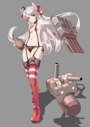 Rule 34 | 10s, 1girl, amatsukaze (kancolle), bad id, bad pixiv id, black panties, blush, breasts, brown eyes, fleedot, frown, full body, garter belt, grey background, grey hair, kantai collection, long hair, navel, panties, red thighhighs, rensouhou-chan, rensouhou-kun, side-tie panties, small breasts, solo, thighhighs, twintails, two side up, underwear, underwear only, weapon