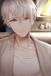 Rule 34 | 1boy, asymmetrical bangs, blurry, blurry background, cheritz, closed mouth, collarbone, lamp, looking at viewer, male focus, official art, picture frame, red eyes, shirt, sitting, smile, solo, susanghan messenger, third-party source, white hair, white shirt, zen (susanghan messenger)