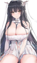 Rule 34 | 1girl, :|, absurdres, antlers, azur lane, bad id, bad pixiv id, between breasts, between legs, black hair, black necktie, blush, breasts, cleavage, cleavage cutout, closed mouth, clothing cutout, cowboy shot, dress, flower, gloves, green eyes, hair between eyes, hair flower, hair ornament, hand between legs, hand on own chest, highres, horns, indomitable (azur lane), large breasts, long hair, looking at viewer, lshiki, navel, necktie, necktie between breasts, sidelocks, sketch, solo, thighs, white dress, white gloves
