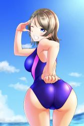 Rule 34 | 1girl, ;), aqua eyes, artist name, artist request, bare legs, bare shoulders, blue eyes, blue one-piece swimsuit, blue sky, blush, breasts, brown hair, cloud, collarbone, competition school swimsuit, female focus, from behind, grey hair, hair between eyes, highres, light brown hair, looking at viewer, looking back, love live!, love live! school idol festival, love live! sunshine!!, medium breasts, ocean, one-piece swimsuit, one eye closed, outdoors, school swimsuit, short hair, sky, smile, solo, swimsuit, watanabe you