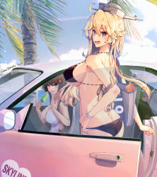 Rule 34 | 2girls, artist name, bikini, black bikini, blonde hair, blue eyes, breasts, brown hair, butt crack, car, car interior, cross-laced clothes, cross-laced one-piece swimsuit, dated, food, headgear, highres, himeyamato, iowa (kancolle), kantai collection, large breasts, long hair, motor vehicle, multiple girls, outdoors, popsicle, red eyes, sideboob, star-shaped pupils, star (symbol), swimsuit, symbol-shaped pupils, yamato (kancolle)