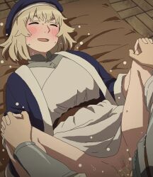 Rule 34 | 1boy, 1girl, :d, beret, blonde hair, blue headwear, blue robe, blush, brother and sister, censored, closed eyes, clothed sex, commentary request, dungeon meshi, falin touden, female pubic hair, hands on another&#039;s knees, hat, hetero, holding hands, incest, interlocked fingers, laios touden, lying, missionary, mosaic censoring, no panties, on back, open mouth, paid reward available, penis, pubic hair, pussy juice, robe, sex, short hair, siblings, smile, spread legs, sweat, tomu (tomubobu), vaginal