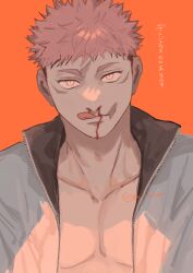 Rule 34 | 1boy, blood, blood on face, ccccc (jpn m0), facial mark, itadori yuuji, jacket, jujutsu kaisen, licking, licking lips, looking at viewer, male focus, nosebleed, open clothes, open jacket, pink hair, short hair, solo, tongue, tongue out, translation request, twitter username, undercut, upper body, white jacket