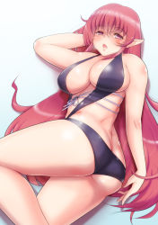 Rule 34 | 1girl, aq interactive, arcana heart, arcana heart 3, ass, atlus, bifidus, breasts, butt crack, clarice di lanza, examu, large breasts, long hair, lying, on side, parted lips, pink eyes, pink hair, pointy ears, solo, very long hair