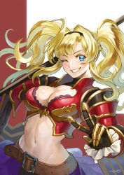 Rule 34 | armor, belt, belt buckle, bikini armor, black hairband, blonde hair, blue eyes, braid, breasts, brown belt, buckle, chest guard, cleavage, commentary, crop top, granblue fantasy, hairband, highres, holding, holding polearm, holding weapon, large breasts, looking back, midriff, navel, one eye closed, pleated skirt, polearm, red armor, scallgo, skirt, smile, spear, twintails, upper body, v, weapon, zeta (granblue fantasy)