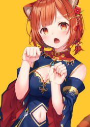 Rule 34 | 1girl, animal ear fluff, blue dress, blue sleeves, blush, breasts, brown hair, cleavage, cleavage cutout, clothing cutout, detached sleeves, dress, eyebrows hidden by hair, fang, flower, hair flower, hair ornament, hairclip, hands up, highres, long sleeves, low twintails, medium breasts, mole, mole on stomach, navel, navel cutout, nijisanji, open mouth, paw pose, ratna petit, red eyes, red flower, red panda ears, red panda tail, short twintails, simple background, sleeveless, sleeveless dress, solo, striped tail, tail, twintails, upper body, virtual youtuber, wide sleeves, x hair ornament, yellow background, yuuri nayuta