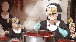 Rule 34 | 4girls, bird, blonde hair, blue eyes, brown eyes, brown hair, chicken, chili pepper, closed eyes, clumsy nun (diva), commentary, cooking, cooking pot, diva (hyxpk), duck, duckling, english commentary, froggy nun (diva), goggles, habit, highres, little nuns (diva), milk, multiple girls, nun, spicy nun (diva), spoon, star nun (diva), tongue, tongue out, traditional nun, yellow eyes