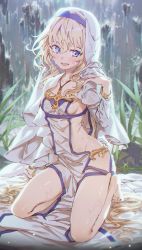 Rule 34 | 1girl, :d, barefoot, blonde hair, blue eyes, blush, breasts, collarbone, detached sleeves, goblin slayer!, grass, hair between eyes, hand on own shoulder, hat, highres, hxxg, jewelry, long hair, long sleeves, looking at viewer, necklace, open mouth, pelvic curtain, priestess (goblin slayer!), seiza, sitting, small breasts, smile, solo, sparkle, very long hair, water, waterfall, wet, wet clothes, white hat
