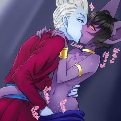 Rule 34 | 10s, 1boy, 1girl, angel (dragon ball), artist request, belly, black hair, blue skin, breasts, colored skin, dragon ball, dragon ball super, eyebrows, genderswap, genderswap (mtf), god of destruction beerus, heart, hetero, implied fingering, kiss, nipples, open mouth, pants, pointy ears, purple eyes, purple skin, pussy juice, saliva, shirt, short hair, simple background, stomach, tongue, topless, whis, white hair, yellow eyes