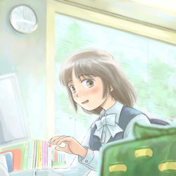 Rule 34 | 1girl, blush, brown eyes, brown hair, clock, denden, office lady, original, perspective, solo, wall clock