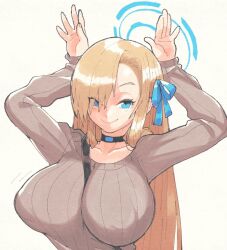 Rule 34 | 1girl, asuna (blue archive), blonde hair, blue archive, blue eyes, breasts, collar, hair ribbon, halo, huge breasts, inkerton-kun, large breasts, long hair, looking at viewer, ribbon, simple background, smile, solo, sweater, swept bangs