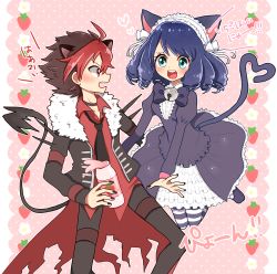 Rule 34 | 1boy, 1girl, animal ears, black hair, black neckwear, blue eyes, blush, blush stickers, bow, bowtie, cape, cat ears, cat tail, collared shirt, crow (show by rock!!), cyan (show by rock!!), dress, flower, food, frilly dress, fruit, heart, heart tail, japanese text, multicolored hair, necktie, pink background, purple dress, purple neckwear, red shirt, shirt, short hair, show by rock!!, strawberry, strawberry milk, streaked hair, striped clothes, striped thighhighs, tail, thighhighs