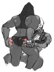 Rule 34 | 2boys, ass, ass grab, bara, francishsie, male focus, mask, monochrome, multiple boys, overwatch, overwatch 1, reaper (overwatch), sitting, soldier: 76 (overwatch), spot color, tagme, underwear, undressing, white background, yaoi