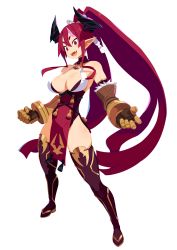 Rule 34 | 1girl, absurdres, breasts, cleavage, demon girl, demon horns, disgaea, full body, gauntlets, harada takehito, higan zesshousai, high ponytail, highres, horns, large breasts, long hair, makai senki disgaea 7, multicolored hair, open mouth, pelvic curtain, pink hair, pointy ears, red eyes, red hair, simple background, solo, standing, streaked hair, thighhighs, two-tone hair, upper body, very long hair, white background
