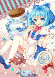 Rule 34 | 1girl, alternate costume, bad id, bad pixiv id, blue eyes, blue hair, bow, candy, cirno, enmaided, female focus, food, hair bow, ice, ice wings, looking at viewer, maid, matching hair/eyes, nosaki, open mouth, short hair, solo, thighhighs, touhou, white thighhighs, wings