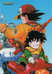 Rule 34 | 1990s (style), 2boys, absurdres, baseball cap, black hair, blue background, boots, casual, character name, child, chinese clothes, clothes writing, copyright name, dragon ball, dragonball z, father and son, gloves, hat, highres, jacket, logo, long sleeves, looking back, male focus, monkey tail, motor vehicle, motorcycle, multiple boys, non-web source, ruyi jingu bang, official art, on motorcycle, orange gloves, polearm, retro artstyle, riding, saiyan, smile, son gohan, son goku, star (symbol), star print, tail, weapon