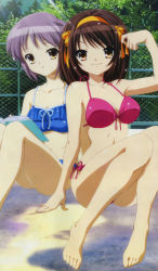 Rule 34 | 00s, 2girls, :o, arm support, arm up, armpits, barefoot, bikini, blue bikini, book, breasts, brown hair, chain-link fence, cleavage, day, feet, fence, frilled bikini, frills, front-tie top, grey hair, hair ribbon, hairband, ikeda shouko, knees together feet apart, legs, light rays, light smile, looking at viewer, megami magazine, multiple girls, nagato yuki, narrow waist, non-web source, official art, open book, open mouth, orange eyes, outdoors, parted bangs, pink bikini, poolside, reading, ribbon, scan, short hair, side-tie bikini bottom, sitting, small breasts, smile, sparkle, sports bikini, sunbeam, sunlight, suzumiya haruhi, suzumiya haruhi no yuuutsu, swept bangs, swimsuit, toes, tree, volume76, wet, wet hair, wide hips, yellow eyes