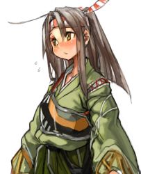Rule 34 | 10s, 1girl, brown hair, flying sweatdrops, headband, japanese clothes, kantai collection, long hair, long sleeves, muneate, parted lips, ponytail, sachito, simple background, solo, white background, yellow eyes, zuihou (kancolle)