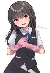 Rule 34 | 1girl, black hair, black skirt, black vest, collared shirt, commentary request, commission, cowboy shot, dress shirt, gloves, hayashio (kancolle), highres, kantai collection, long hair, mole, mole under eye, one-hour drawing challenge, pink gloves, pleated skirt, rubber gloves, school uniform, shirasumato, shirt, simple background, skirt, solo, twitter username, vest, white background, white shirt