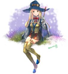 Rule 34 | 1girl, blonde hair, blue hat, blunt bangs, closed mouth, full body, gloves, green eyes, green thighhighs, hat, highres, holding, holding wand, long hair, long sleeves, looking at viewer, miso katsu, neck ribbon, original, red ribbon, ribbon, smile, solo, thighhighs, twitter username, wand, white gloves, witch hat