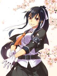 Rule 34 | 1girl, abo (hechouchou), adjusting clothes, adjusting gloves, armband, belt, black belt, black skirt, blue sailor collar, breasts, brown eyes, cherry blossoms, gloves, grin, hair ribbon, highres, kantai collection, long hair, looking at viewer, orange neckwear, petals, pleated skirt, ponytail, ribbon, sailor collar, shirt, sidelocks, skirt, smile, solo, very long hair, white gloves, yahagi (kancolle), yahagi kai ni (kancolle)