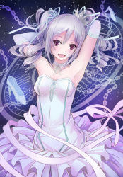 Rule 34 | 10s, 1girl, armpits, bare shoulders, breasts, dress, drill hair, elbow gloves, gloves, idolmaster, idolmaster cinderella girls, kanzaki ranko, long hair, open mouth, red eyes, sai-go, silver hair, smile, solo, twin drills, twintails