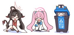 Rule 34 | 3girls, achilles (yosshyachillesd), ahoge, animal ears, black hair, black horns, black shorts, black tail, blue archive, blue necktie, blush, closed eyes, coat, collared shirt, crying, demon horns, demon tail, fake animal ears, grey halo, hair intakes, halo, highres, horns, in trash can, jacket, kasumi (blue archive), koyuki (blue archive), lab coat, leaf, long hair, miyu (blue archive), multiple girls, necktie, open clothes, open coat, open mouth, pantyhose, pink hair, pink halo, rabbit ears, red halo, red shirt, sandals, shirt, shoes, shorts, simple background, sleeves past fingers, sleeves past wrists, tail, trash can, twintails, white background, white coat, white footwear, white jacket, white pantyhose, white shirt