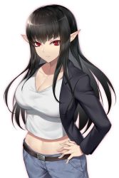 Rule 34 | 1girl, alternate costume, black hair, breasts, casual, cleavage, collarbone, commission, crop top, denim, expressionless, hand on own hip, high school dxd, highres, jacket, jeans, large breasts, long hair, nasaniliu, navel, nikkusu, nyx (high school dxd), pants, pointy ears, red eyes, sidelocks, skeb commission, solo, very long hair