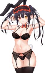 Rule 34 | 1girl, absurdres, alternate costume, animal ears, armpits, arms up, bad id, bad twitter id, bare arms, bare shoulders, black choker, black hair, black thighhighs, bow, bow bra, bow panties, bra, breasts, choker, cleavage, clock eyes, collarbone, commission, cowboy shot, date a live, fake animal ears, fake tail, fingernails, garter belt, halterneck, headdress, heterochromia, highres, lace, lace-trimmed bra, lace-trimmed panties, lace trim, large breasts, lingerie, long hair, looking at viewer, nahanmin, nail polish, navel, open mouth, panties, rabbit ears, rabbit tail, red eyes, red nails, simple background, smile, solo, spaghetti strap, standing, stomach, string bra, string panties, symbol-shaped pupils, tail, thigh gap, thighhighs, thighs, tokisaki kurumi, twintails, underwear, underwear only, uneven twintails, white background, wrist cuffs, yellow eyes