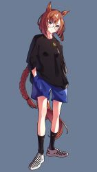 Rule 34 | 1girl, absurdres, animal ears, black shirt, black socks, blue background, blue shorts, braid, braided ponytail, breasts, brown eyes, brown hair, casual, closed mouth, clothes writing, commentary, english commentary, full body, glasses, hands in pockets, highres, horse ears, horse girl, horse tail, horseshoe, ikuno dictus (umamusume), long hair, looking at viewer, noyk iv, round eyewear, shirt, shoes, shorts, simple background, sleeves pushed up, small breasts, sneakers, socks, solo, tail, umamusume