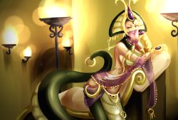 Rule 34 | 1girl, alternate costume, armlet, breasts, cassiopeia (league of legends), chair, covered mouth, forehead jewel, gorget, hannah santos, highres, lamia, league of legends, lipstick, makeup, monster girl, navel, piercing, purple lips, see-through, shawl, smile, solo, tail, tail ornament, tail piercing, veil