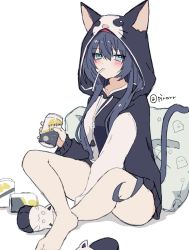 Rule 34 | 1girl, animal ears, animal hood, arknights, black hair, black hoodie, blaze (arknights), blue eyes, blush, can, cat ears, cat girl, cat hood, cat tail, drawstring, drinking straw, drinking straw in mouth, hairband, highres, holding, holding can, hood, hood up, hoodie, indian style, mouth hold, official alternate costume, pirorr, red hairband, simple background, sitting, solo, tail, twitter username, two-tone hoodie, white background, white hoodie