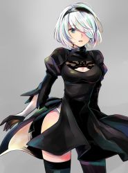 Rule 34 | 1girl, :o, absurdres, black dress, black footwear, black gloves, blue eyes, boots, breasts, cleavage, dress, gloves, grey background, hair over one eye, headband, highres, long sleeves, mole, mole under mouth, nier:automata, nier (series), open clothes, richard-kun, short hair, simple background, solo, teeth, thigh boots, thighhighs, 2b (nier:automata)